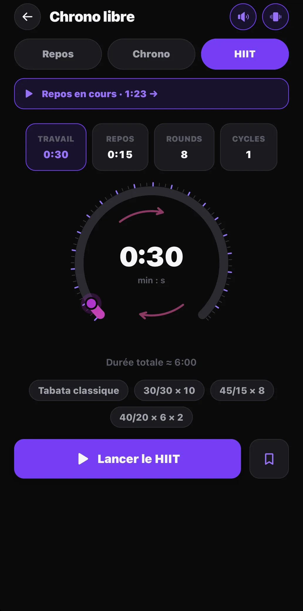 Capture d'écran de l'app ELEVATE — Un chrono libre, prêt à tout moment