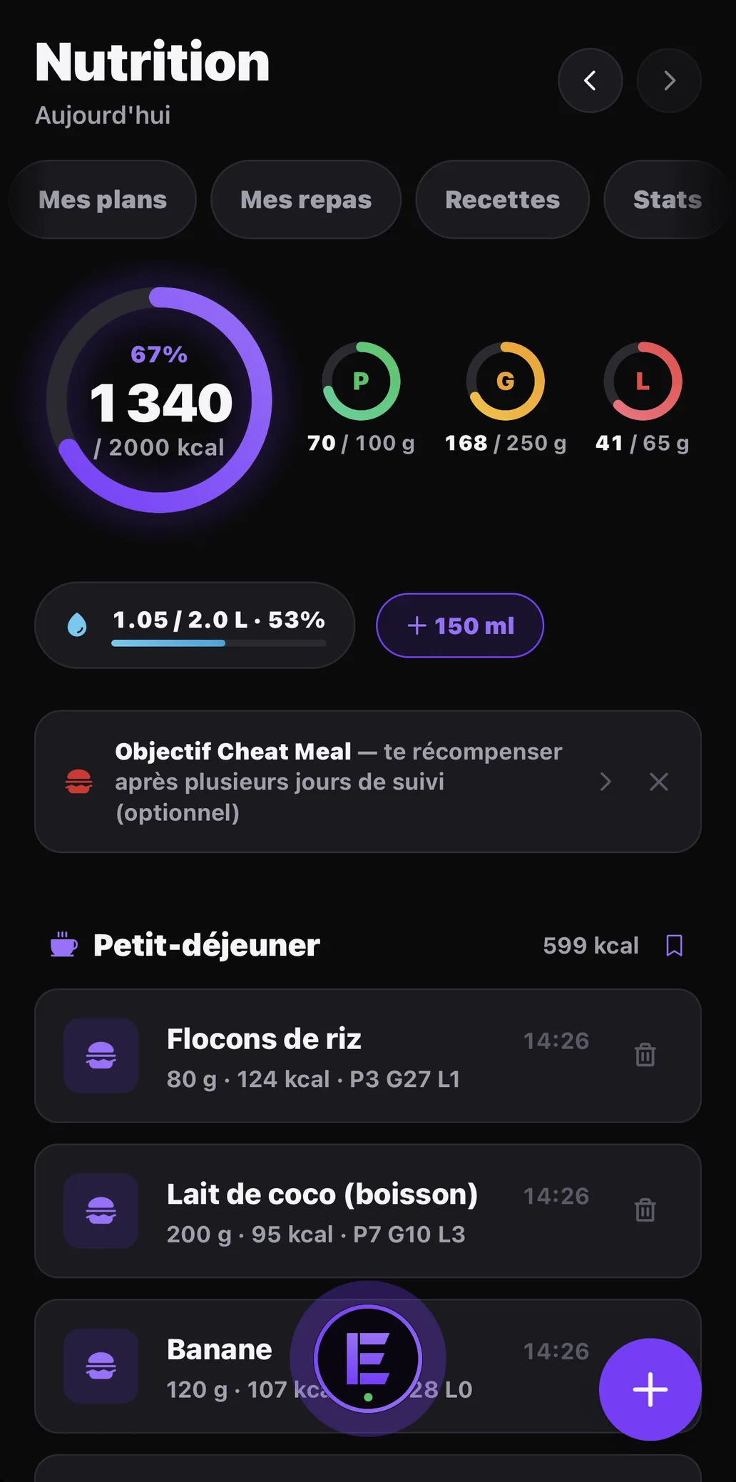 Capture d'écran de l'app ELEVATE — Tes repas suivis, sans prise de tête