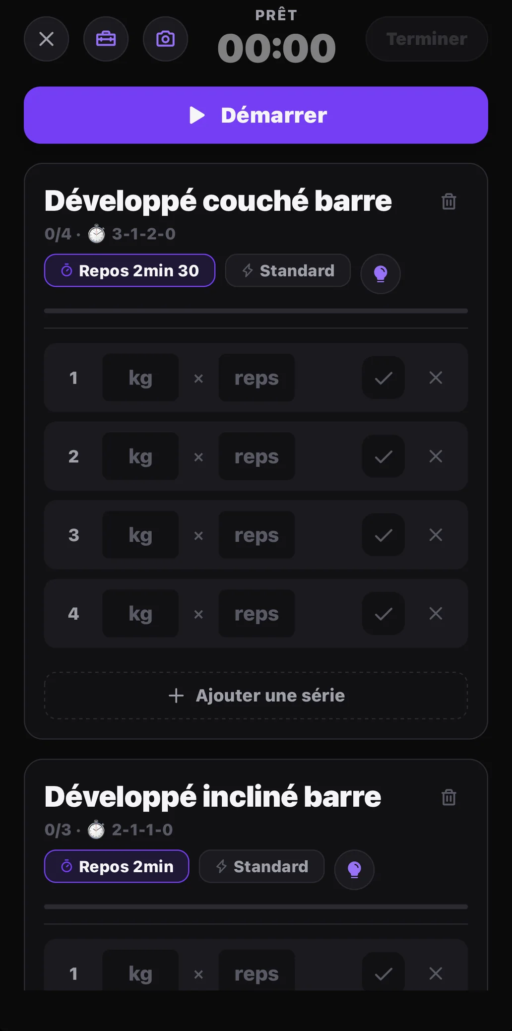 Capture d'écran de l'app ELEVATE — Une séance guidée, série après série